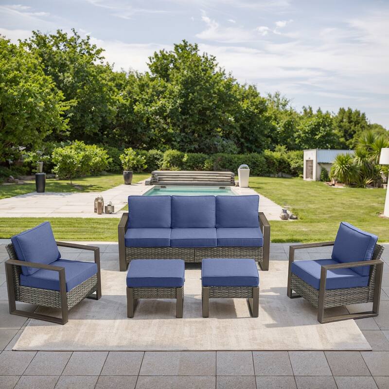 Gymojoy Outdoor Wicker Patio Furniture Sofa Set - 5-Piece Sofa Set - Club Chairs & Ottomans - Grey Wicker / Blue Cusion