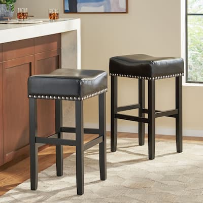 Modern Upholstered Bonded Leather Backless Bar Stools With Padded Saddle Seat, Set of Two