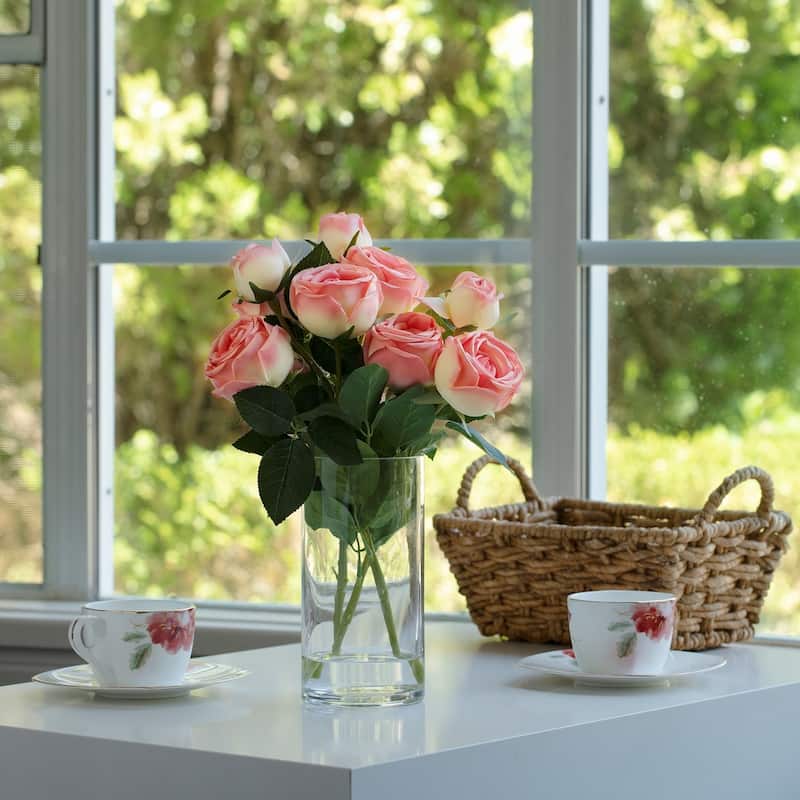 Enova Home Artificial Silk Rose Flowers in Clear Glass Vase with Faux Water for Home Office Wedding Decoration - N/A - Dark Pink