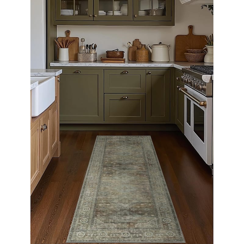 Mcow Sage Green Boho Pattern Ultra-Thin Low-Pile Washable Non-Slip Area Rug