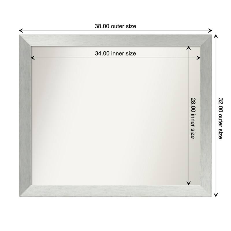 Brushed Sterling Silver Framed Non-Beveled Custom Wall Mirror, Bathroom Vanity Mirror - Outer Size: 38 x 32