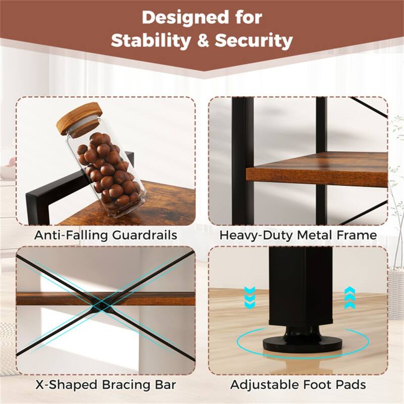 4-Tier Rustic Brown Kitchen Bakers Rack with Built-in Charging Station and Hooks Safety Rails - 23" × 13" × 54" (L x W x H)