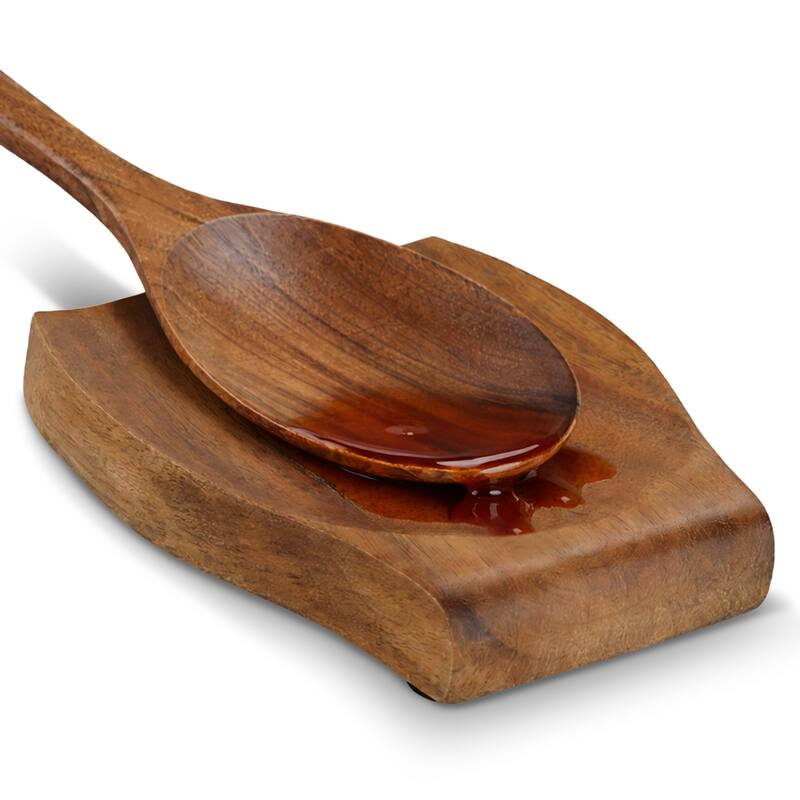 Cheer Collection Teak Wood Spoon Rest with Non-Slip Base, Curved Drip Catch Design - Brown