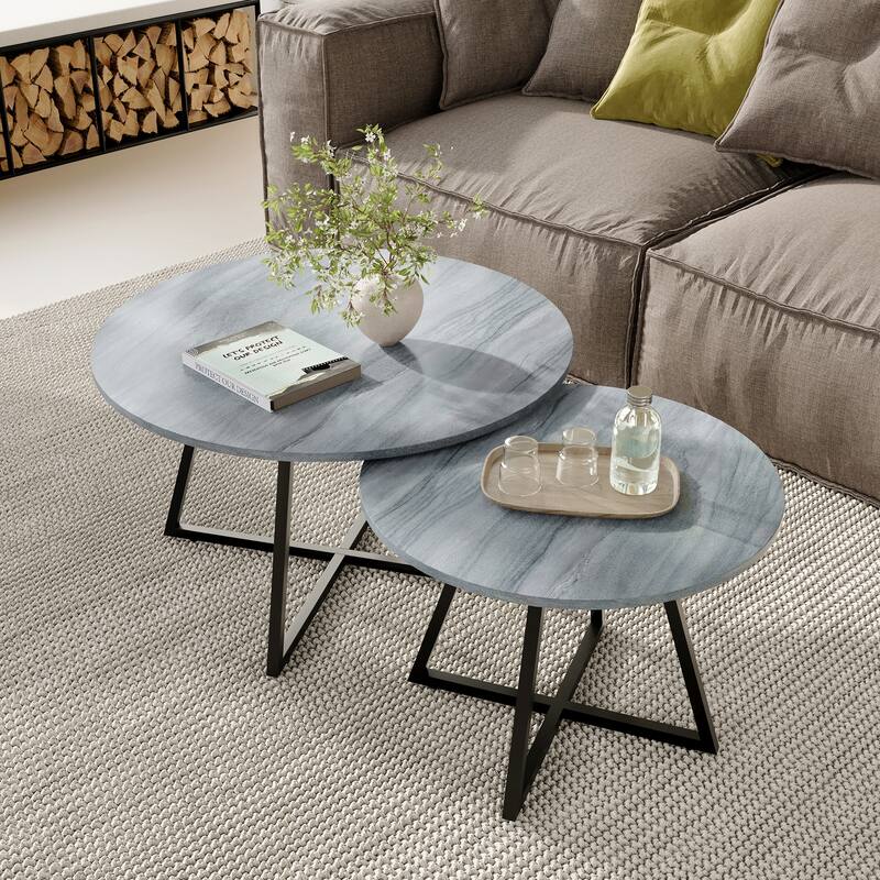 Modern Round Nesting Coffee Table Set with Black Cross Metal Legs