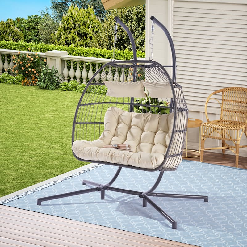 2 Person Outdoor Rattan Hanging Chair Patio Wicker Egg Chair