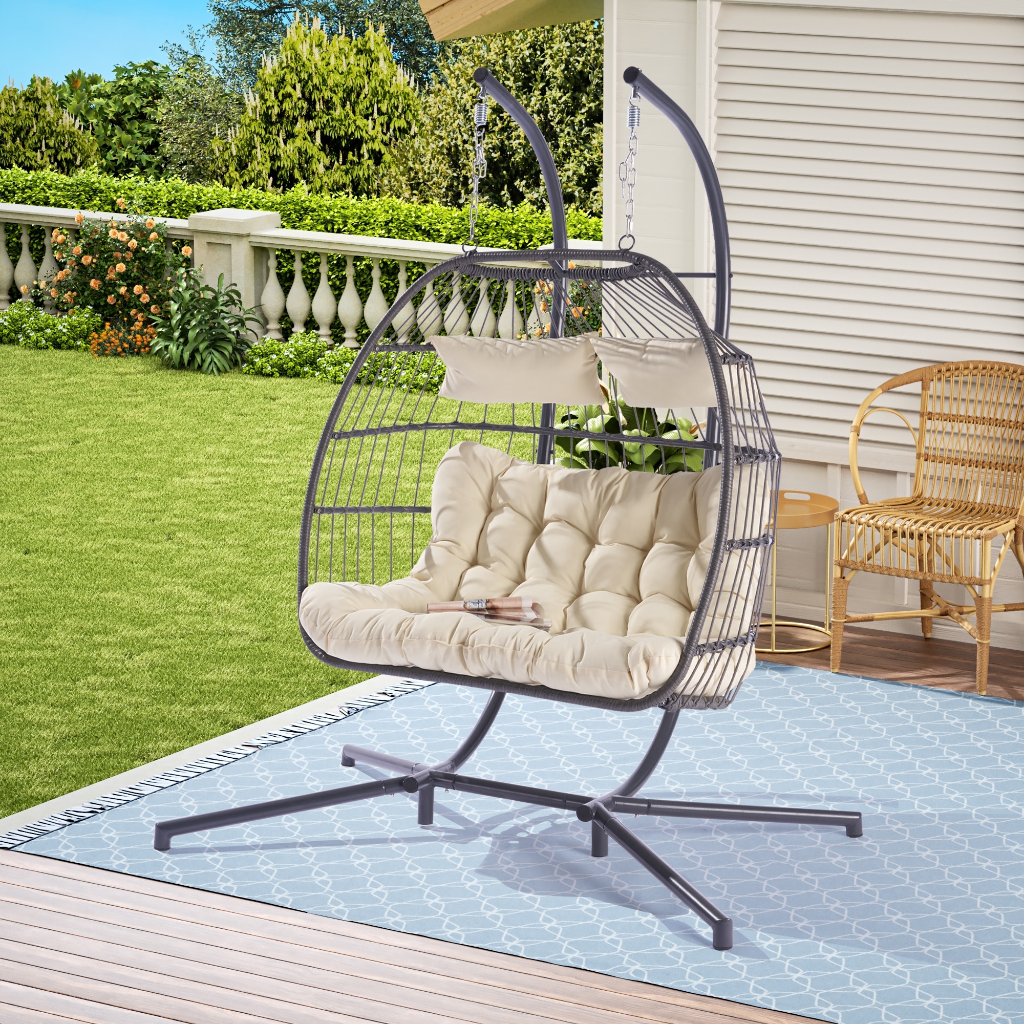 Double Egg Chair Oversized Person Patio Swing Chair with Stand
