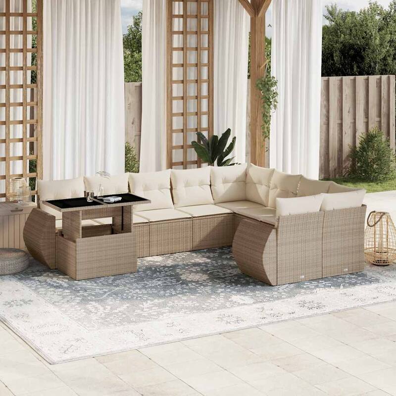 vidaXL Patio Sofa Set with Cushions Outdoor Furniture 10 Piece Poly Rattan - 24.4 x 24.4 x 27.2 - Beige and Cream