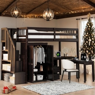 Multifunctional Loft Bed with Stairs,Bookshelf,Drawers,Desk & Wardrobe,Twin Size for Bedroom