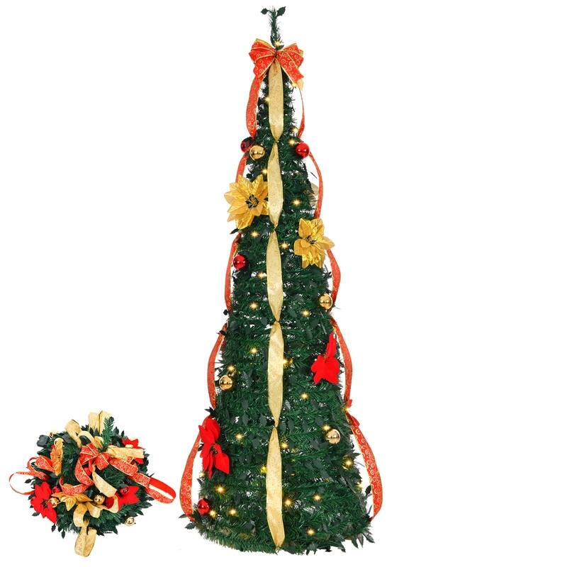 Fully Decorated Pre-lit Christmas Tree with 80 Warm Lights Battery Operated and Red & Golden Ornaments for Holiday Deco