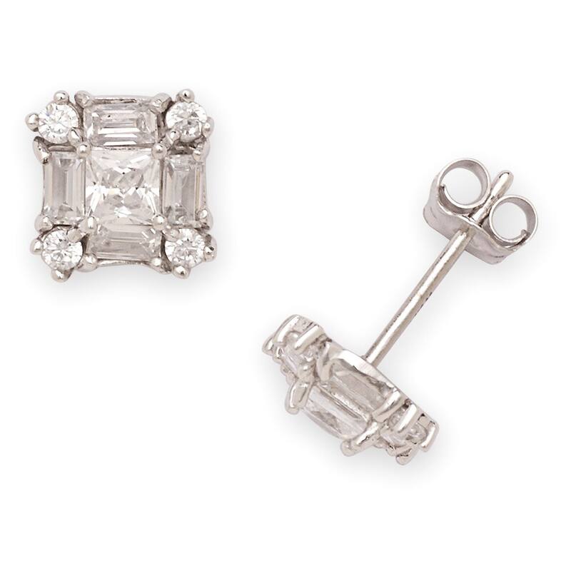 Curata 14k Gold Cubic Zirconia Princess and Baguette Fancy Stud Earrings