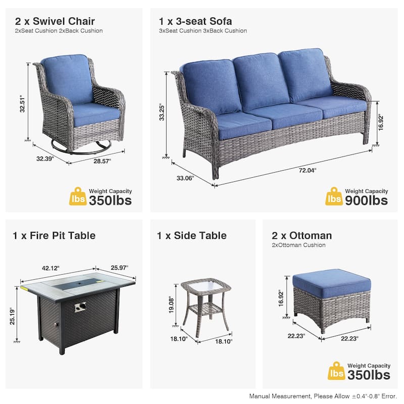 OVIOS 7-piece Patio Swivel Chair Set with 42" Fire Table