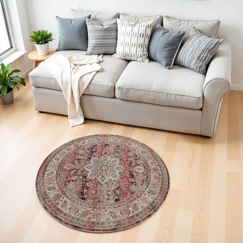 HomeRootsFloral Transitional Round Area Rug - 48' X '48' X '0.5 - 48' X '48' X '0.5 - Ivory/Red