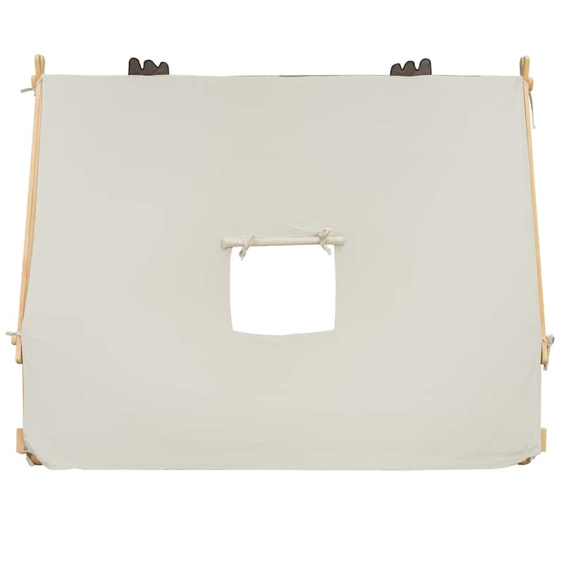 Deer Antler Accents House Bed Tent with Light and Roll-Up Curtain Skylight, Low Platform Bed with Detachable Tent and Roof