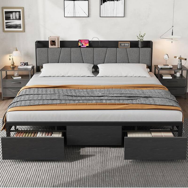 Bed Frame with Storage Headboard, Industrial Platform Bed with 2 Large Drawers and Charging Station, Black - Queen