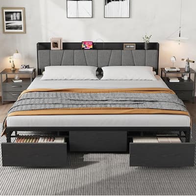 Bed Frame with Storage Headboard, Industrial Platform Bed with 2 Large Drawers and Charging Station, Black