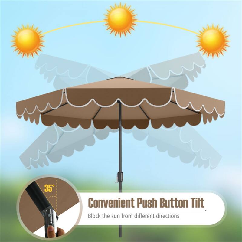Premium 10 Ft Patio Umbrella with Crank Auto Tilt and Ruffled Edges Sun Protection Waterproof Polyester Canopy - 10 x 8.2 ft