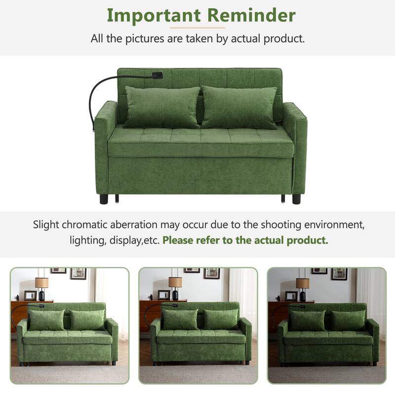 Pull-Out Sofa Bed Sleeper Sofa with A Reversible Backrest Cushion, Side Pockets, Two USB Ports and a Phone Holder