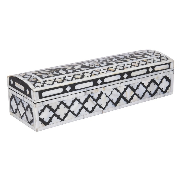 GAURI KOHLI Jodhpur Mother of Pearl Inlay Decorative Box in Midnight Black - 12" X 4" X 3". Opens flyout.