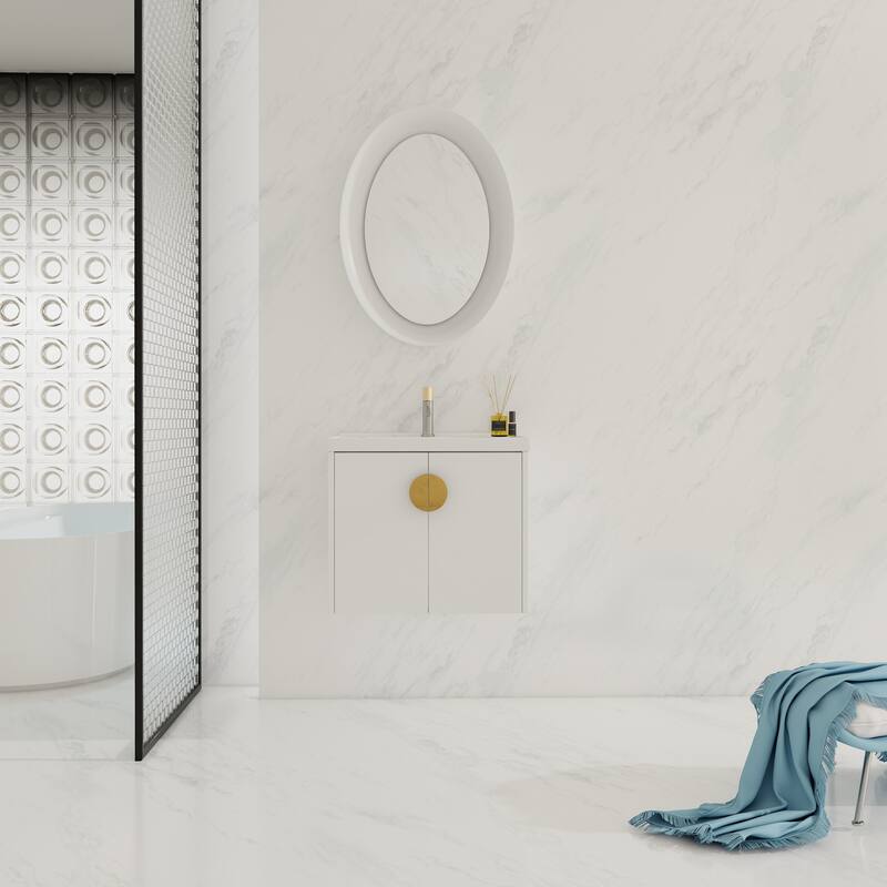 Wall-Mounted Bathroom Vanity with Ceramic Basin, Soft-Close Doors, and Customizable Metal Handles