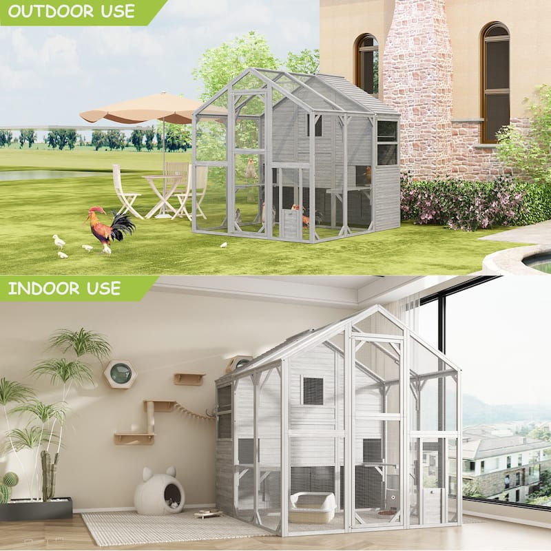 Fir Wood Cat Villa Dual-Story Predator-Safe Outdoor Sanctuary for Pets - 66.5"X72.6“X74.1"