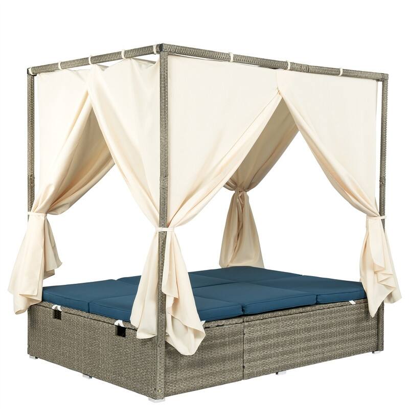 Outdoor Rattan Daybed with Adjustable Backrest and Curtains, Paio Sunbed Sun Lounger with Canopy and Removable Cushion