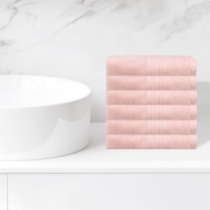 Striped Cotton Bath Washcloths, Absorbent Face Towels, Face and Body Wash Cloth Towels for Hotels, Spa 14" x 14" - Pink - 6 Pack
