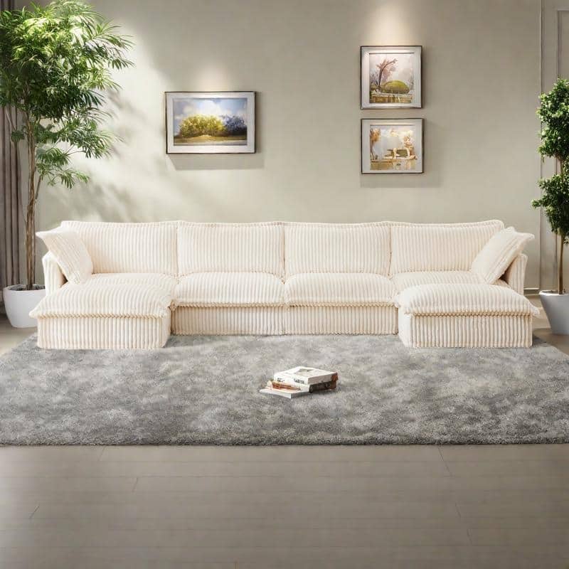 156.6" Corduroy U-Shape 4-Seater Sectional Sofa with Removable Slipcover, Deep Seat Design and French Edge Detailing - Cream