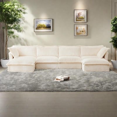 156.6" Corduroy U-Shape 4-Seater Sectional Sofa with Removable Slipcover, Deep Seat Design and French Edge Detailing