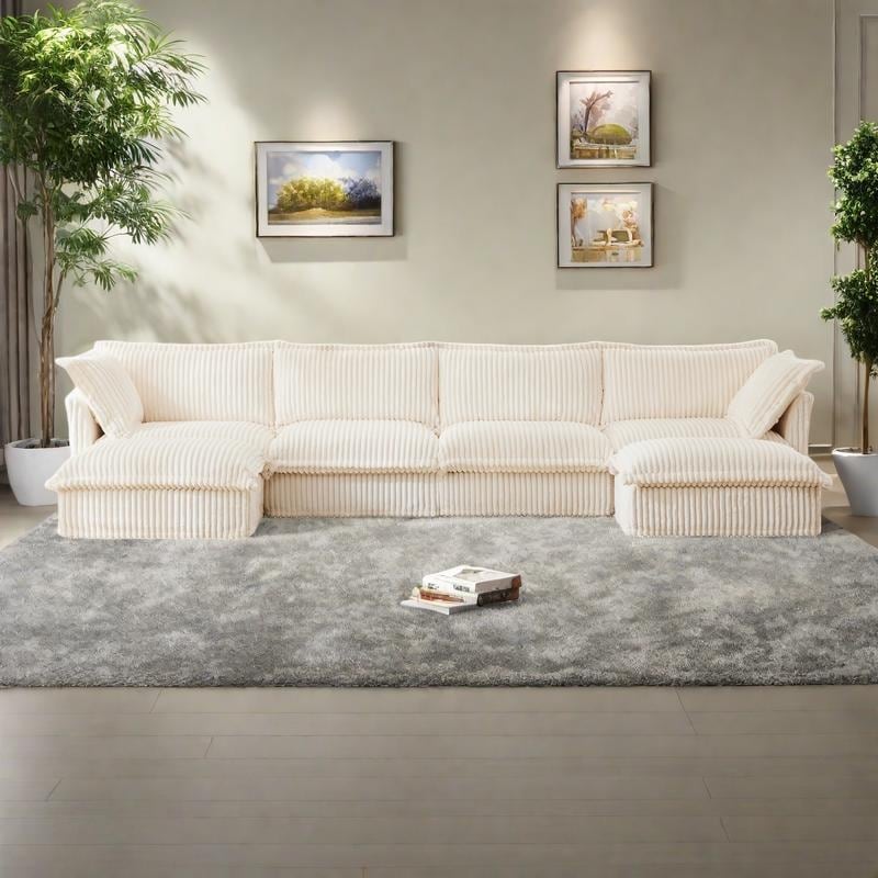 156.6" Corduroy U-Shape 4-Seater Sectional Sofa with Removable Slipcover, Deep Seat Design and French Edge Detailing