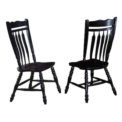 set of 2 antique black curved back wooden dining chairs 42"
