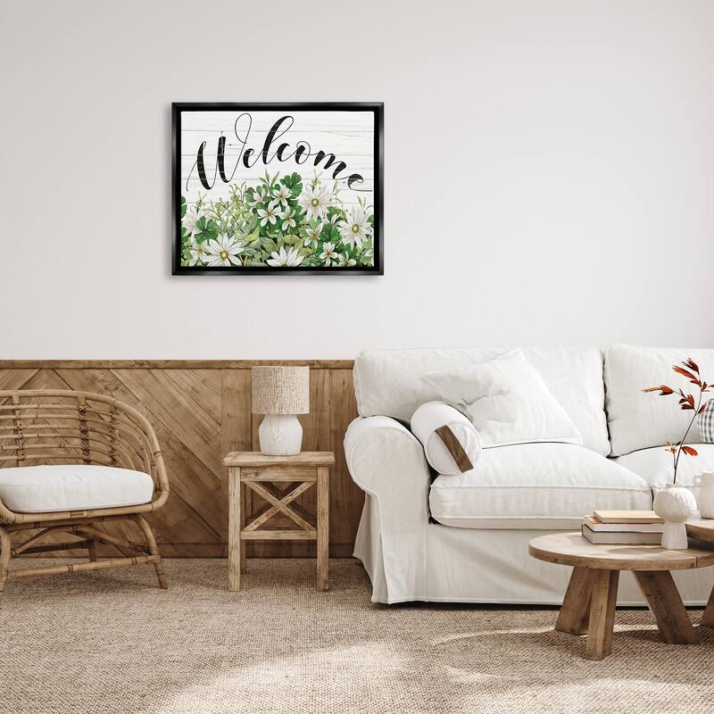 Stupell Welcome Rustic Planked Sign White Flower Blossoms Floater Frame, Design by Cindy Jacobs