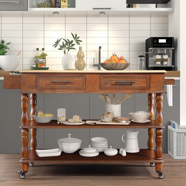 56'' Kitchen Island Cart with Open Storage and Spice Rack Towel
