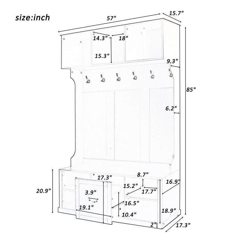 57"Hall Tree with 6 Hooks, Coat Hanger, Entryway Bench, 3-in-1 Design, A Spacious Drawer for Entrance, Living Room