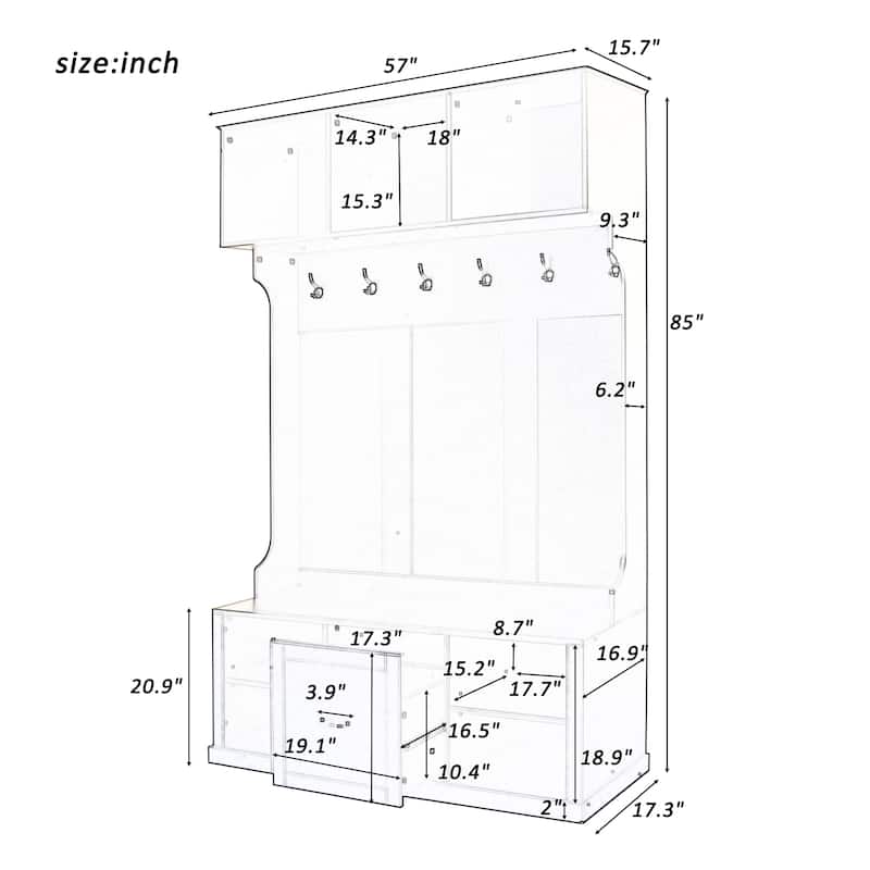 57"L Hall Tree with 6 Hooks and Coat Hanger
