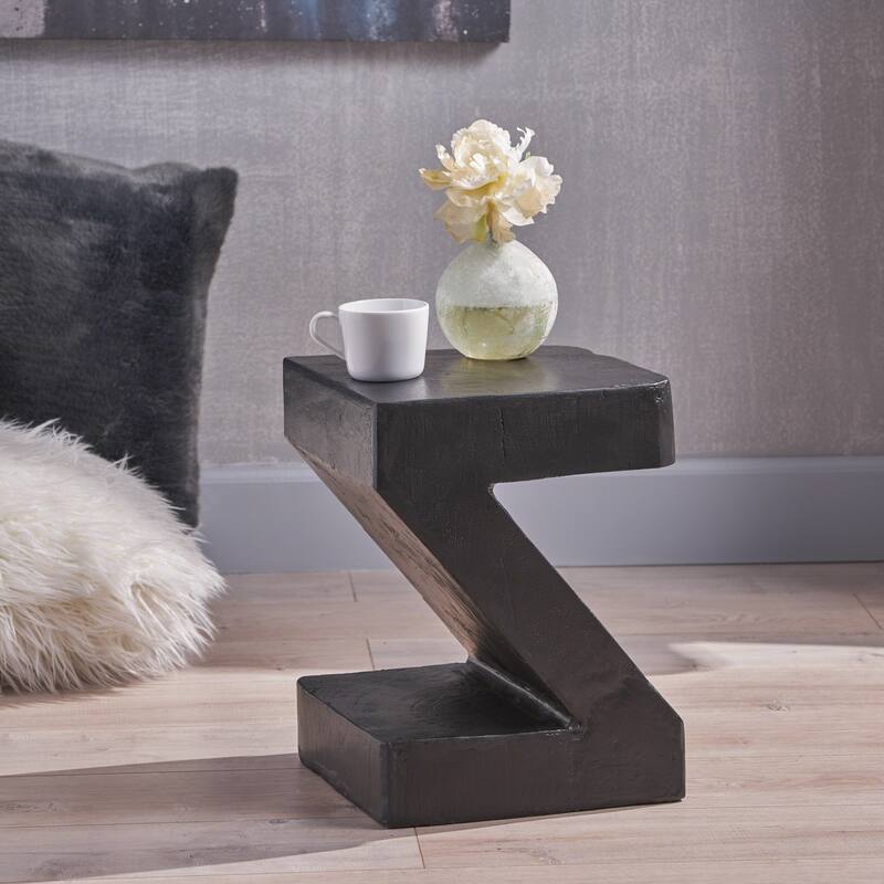 Roomfitters Outdoor Side Table with Z-Shaped Sculptural Concrete Build for Patio, Living Room or Entryway