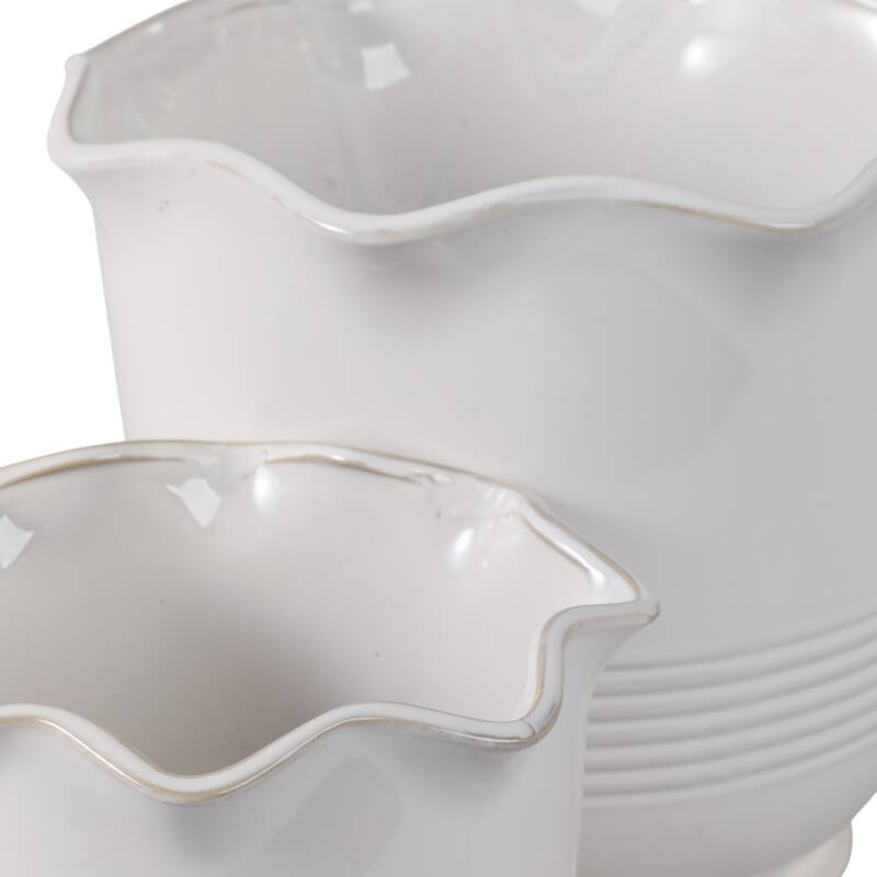 Ceramic Planter Ruffle Edge Home Garden Use (Set of 2) - 10", 7" Ivory - 11" x 11" x 9.5"