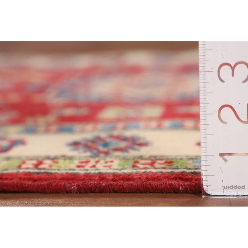 Geometric Red Kazak Foyer Rug Hand-Knotted Traditional Wool Carpet - 2'8" x 4'1"