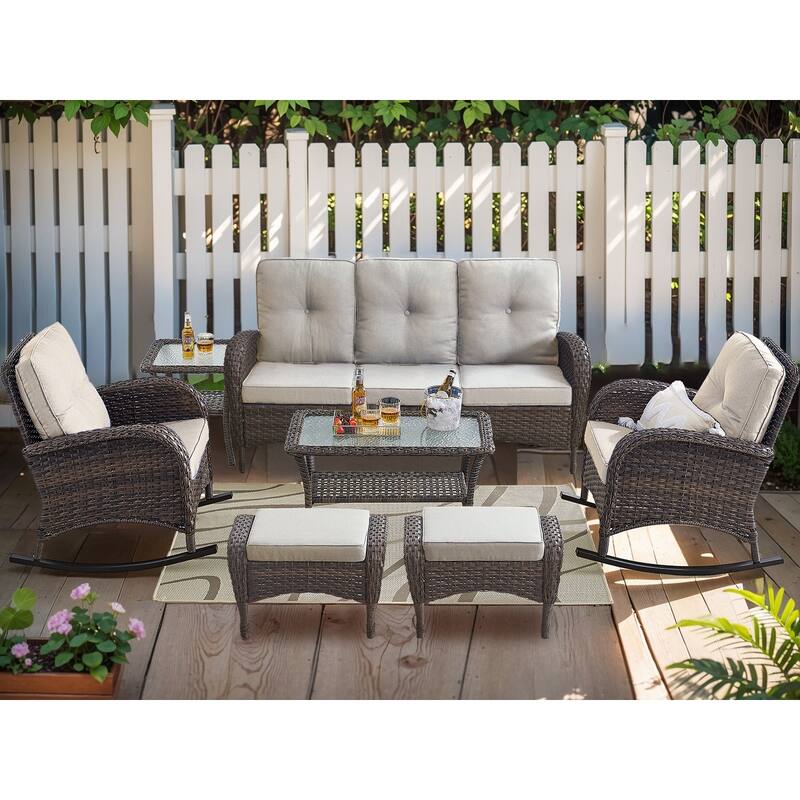 7 Piece Outdoor Sofa with Rocking Chairs and Ottomans - Brown - Brown - Beige