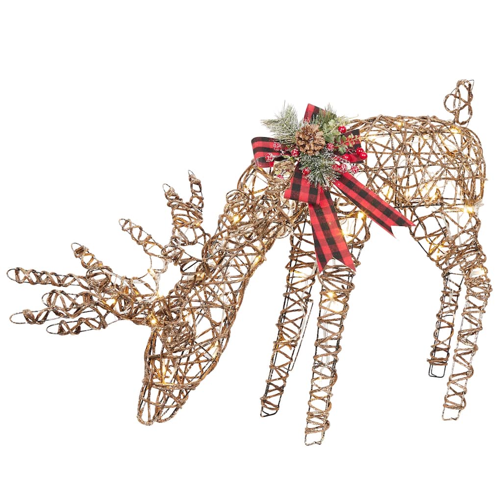 Rattan Grazing Reindeer with Bow and LED Lights Decor - Natural