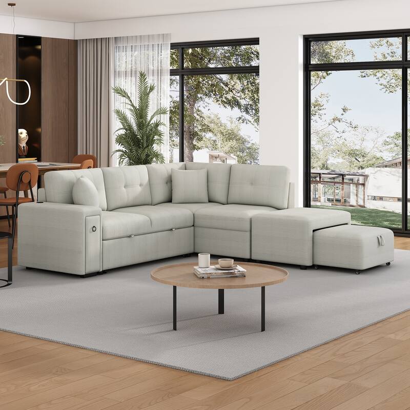 Convertible Sectional Sofa Bed with Ottoman, Chenille L-Shaped Pull Out Couch with Drawer 2 USB Ports & 2 Cup Holders