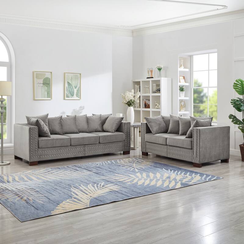 Roomfitters Modern 2+3 Seater Velvet Sofa Set with Square Armrests, Upholstered Couch with Silver Nailhead Trim for Living Room
