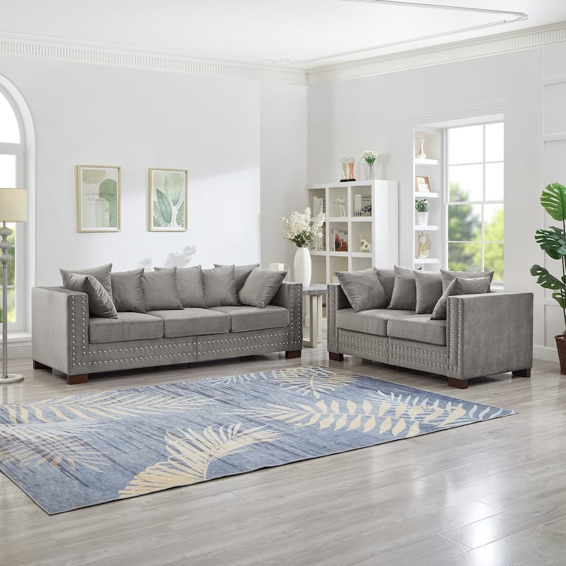 Velvet Upholstered Storage Sofa Set with Loveseat Sofa and 3 Seater Couch, Square Armrests with Silver Nails Decoration