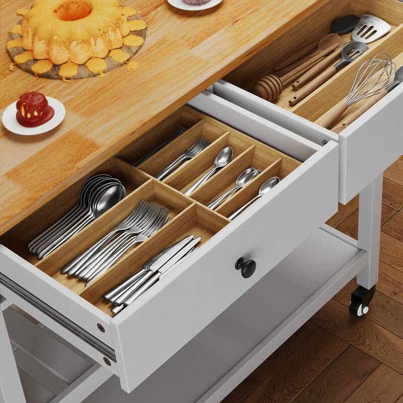 Kitchen Island Cart, Rolling Trolley Utility Cart on Wheels with 2 Drawers and 2 Open Tiers Storage Shelves
