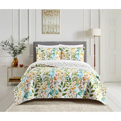 Chic Home Sharel 3 Piece Hand Painted Multi-Color Floral Print With Painted Dots On The Reverse Quilt Set