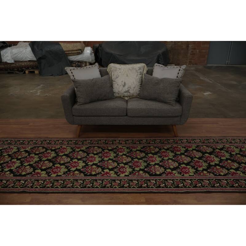 Hand Knotted Oriental 100% Wool Carpet Traditional Floral Black Karabagh Runner Rug - 17' 11'' X 3' 5''