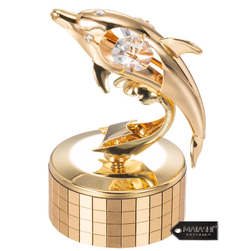 Matashi Decorative Tabletop Showpiece 24K Gold Plated Music Box plays -" You Are my Sunshine" w Dolphin Figurine - Gold - Metal