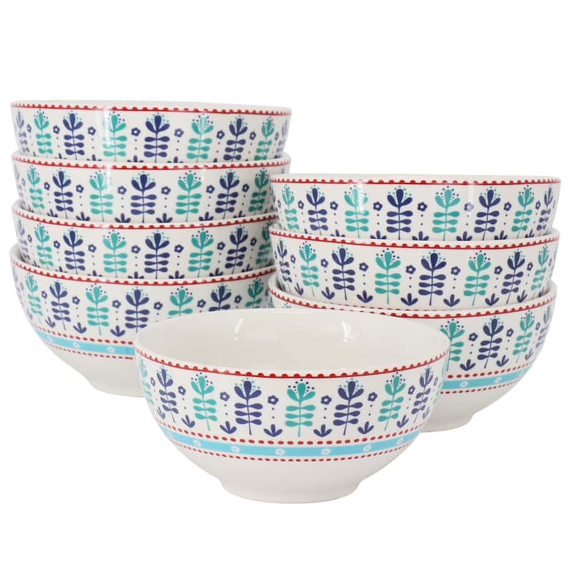 Floral 8 Piece 6 Inch Fine Ceramic Bowl Set in White and Multi Blue