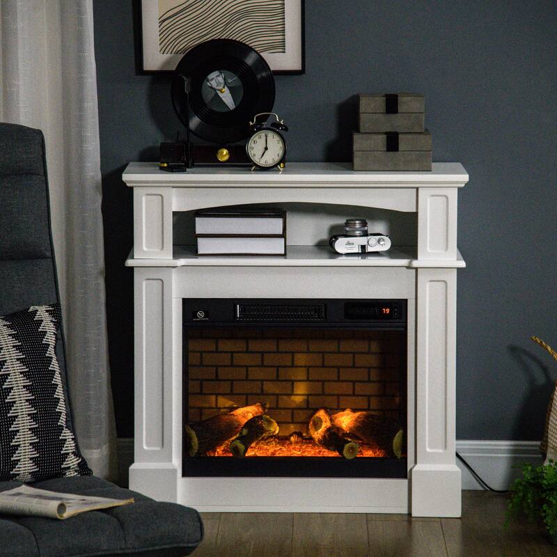 32" Electric Fireplace with Mantel, Freestanding Heater with LED Log Flame, Shelf and Remote Control, 700W/1400W