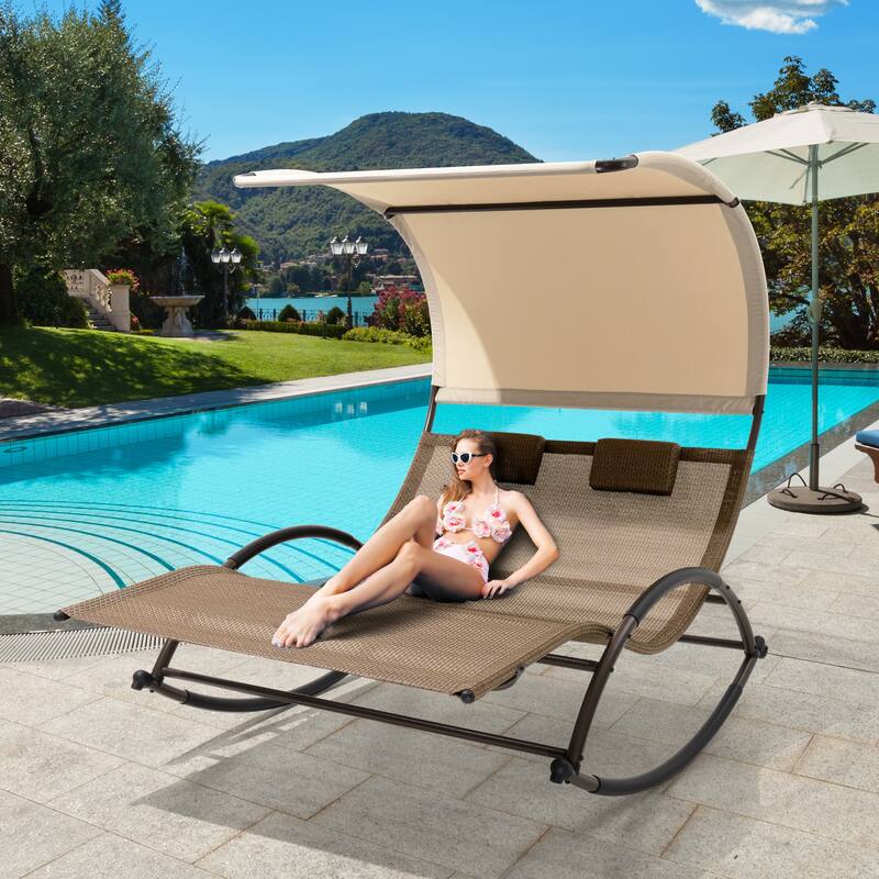 Outdoor Patio Double Chaise Lounge Chair - Brown-SwingCapableDesign