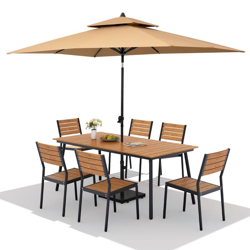 9PC Outdoor Patio Dining Set Wood-Like Aluminum Table with Stackable Chairs,Double Top Market Umbrella and Wheel Base